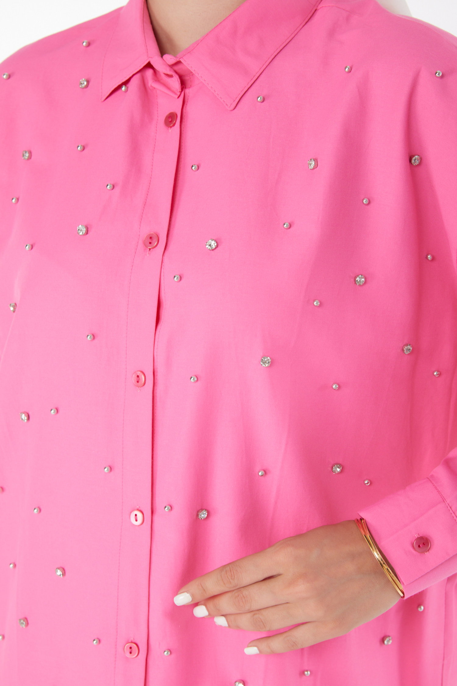 Düz Gömlek Yaka Kadın Pembe Taşlı Tunik - 25908 - 5