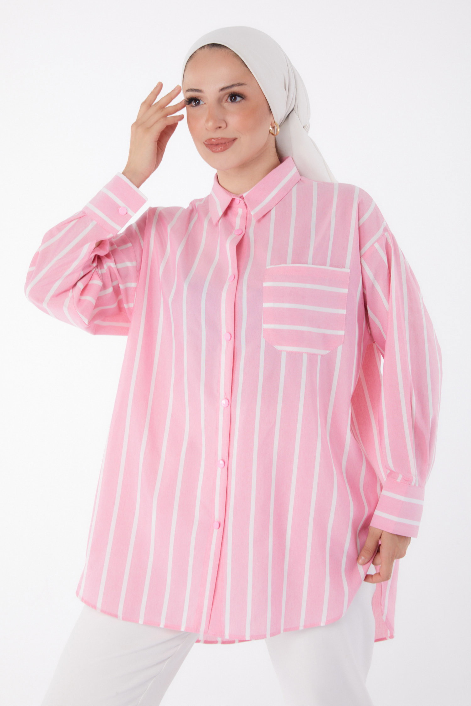 Düz Gömlek Yaka Kadın Pembe Tek Cepli Çizgili Tunik - 25996 - 1
