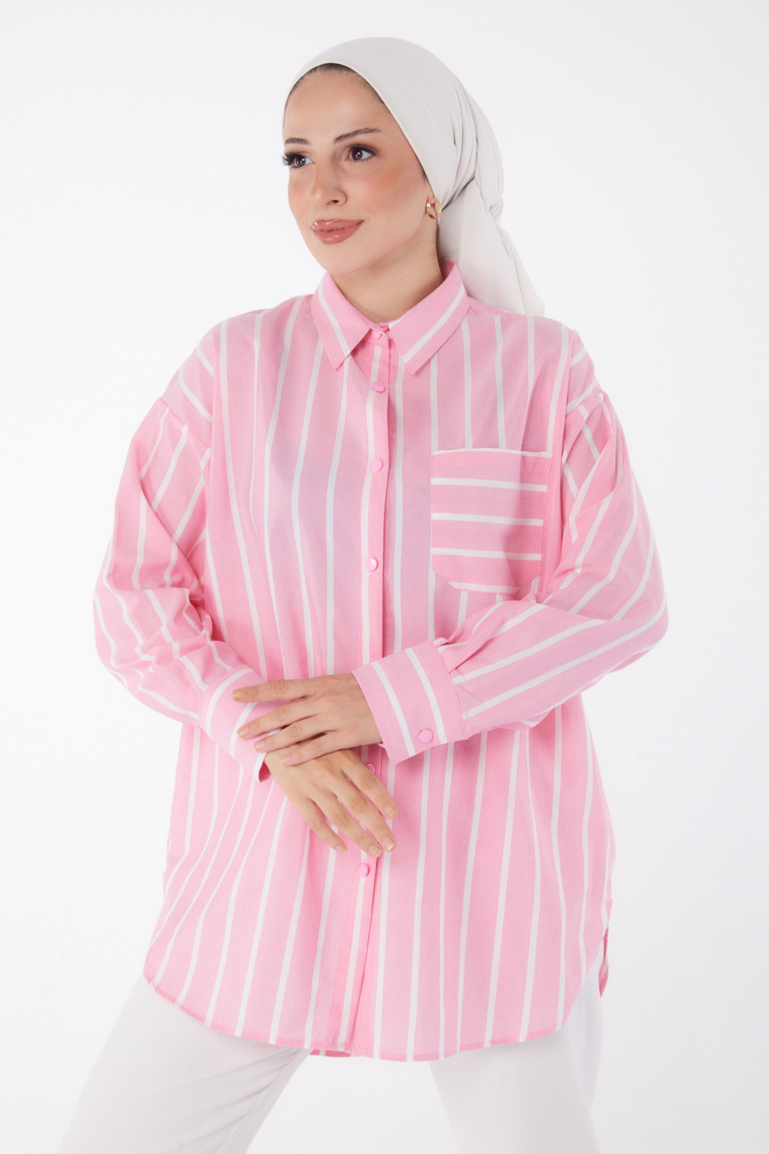 Düz Gömlek Yaka Kadın Pembe Tek Cepli Çizgili Tunik - 25996 - 2