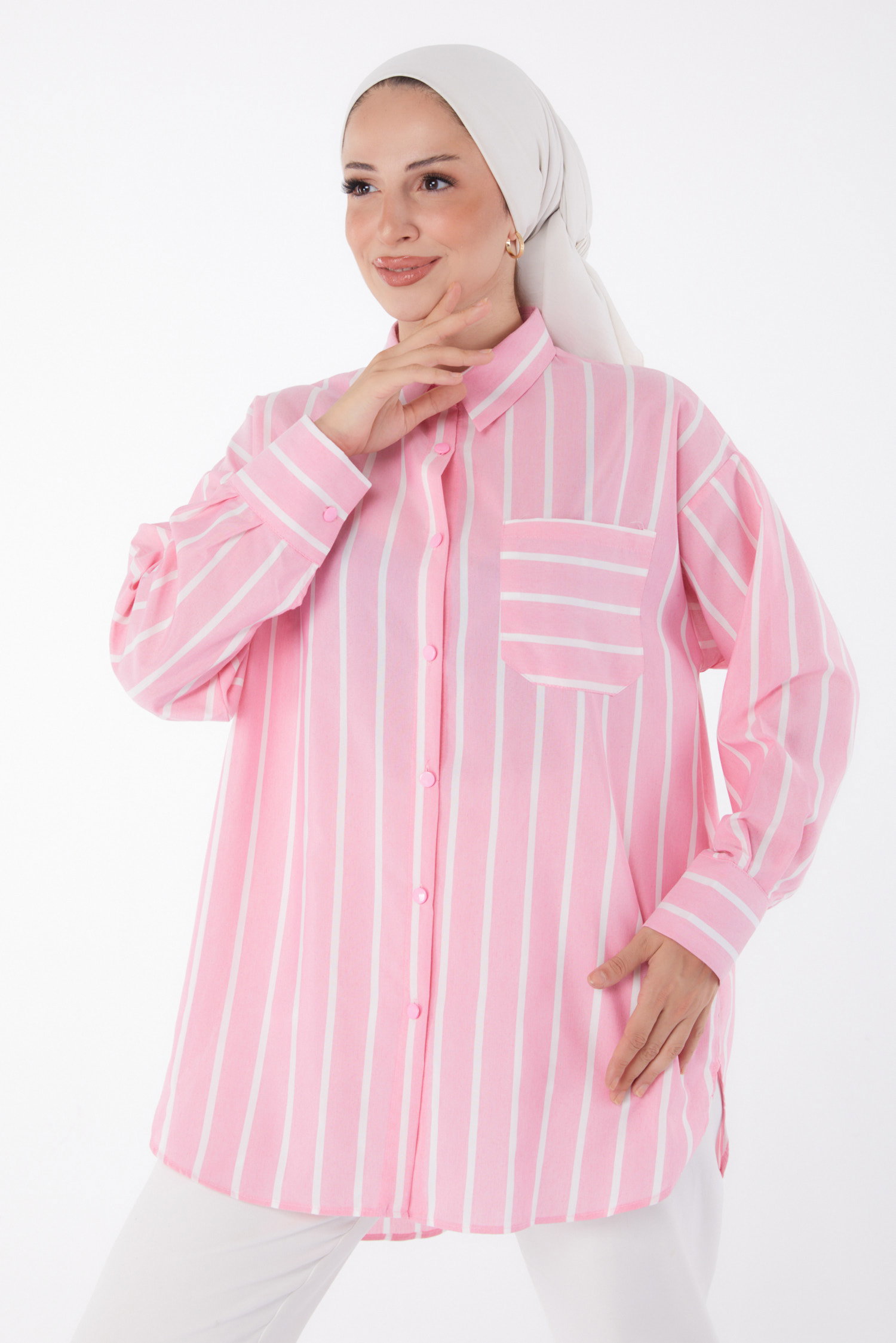 Düz Gömlek Yaka Kadın Pembe Tek Cepli Çizgili Tunik - 25996 - 3