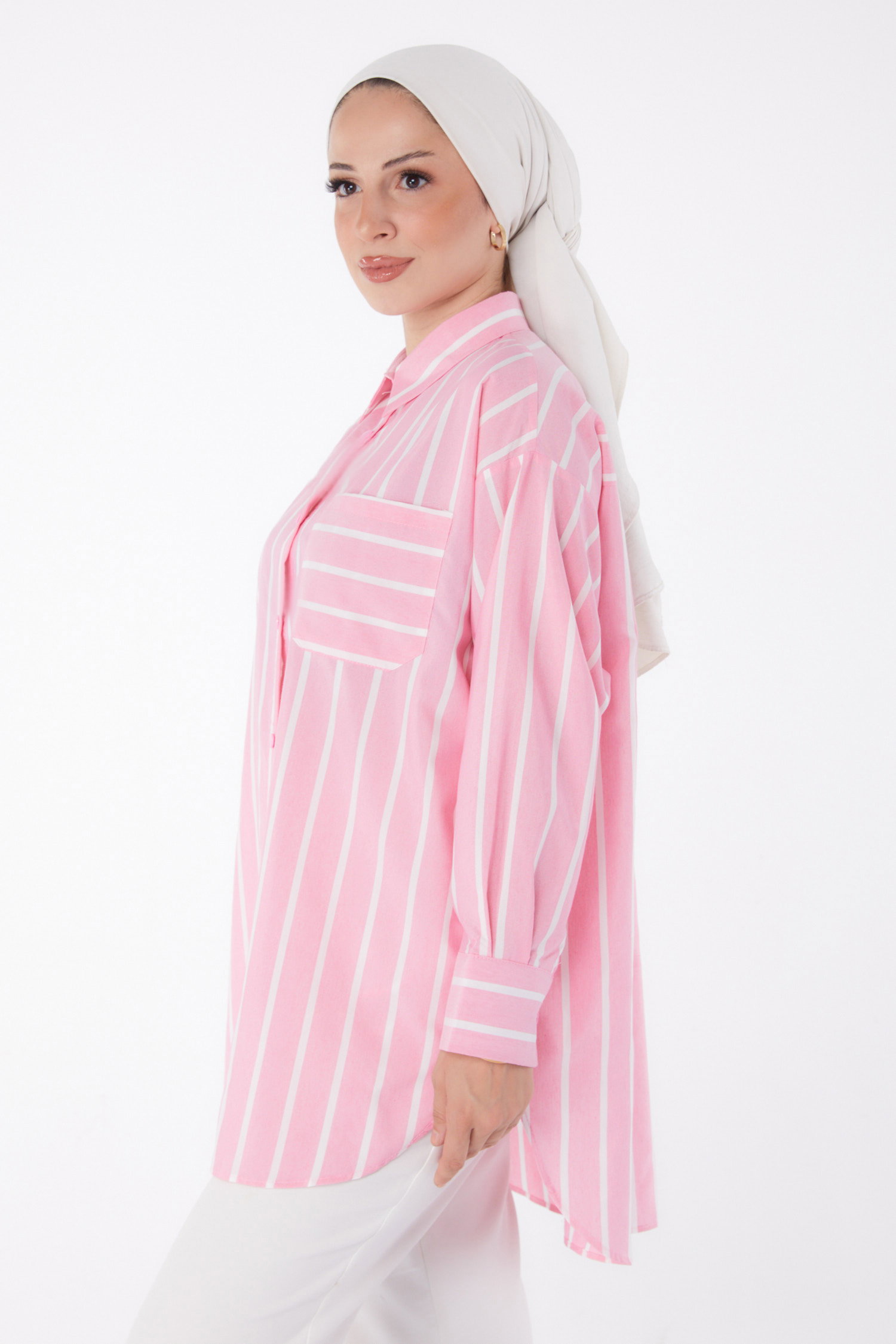 Düz Gömlek Yaka Kadın Pembe Tek Cepli Çizgili Tunik - 25996 - 4