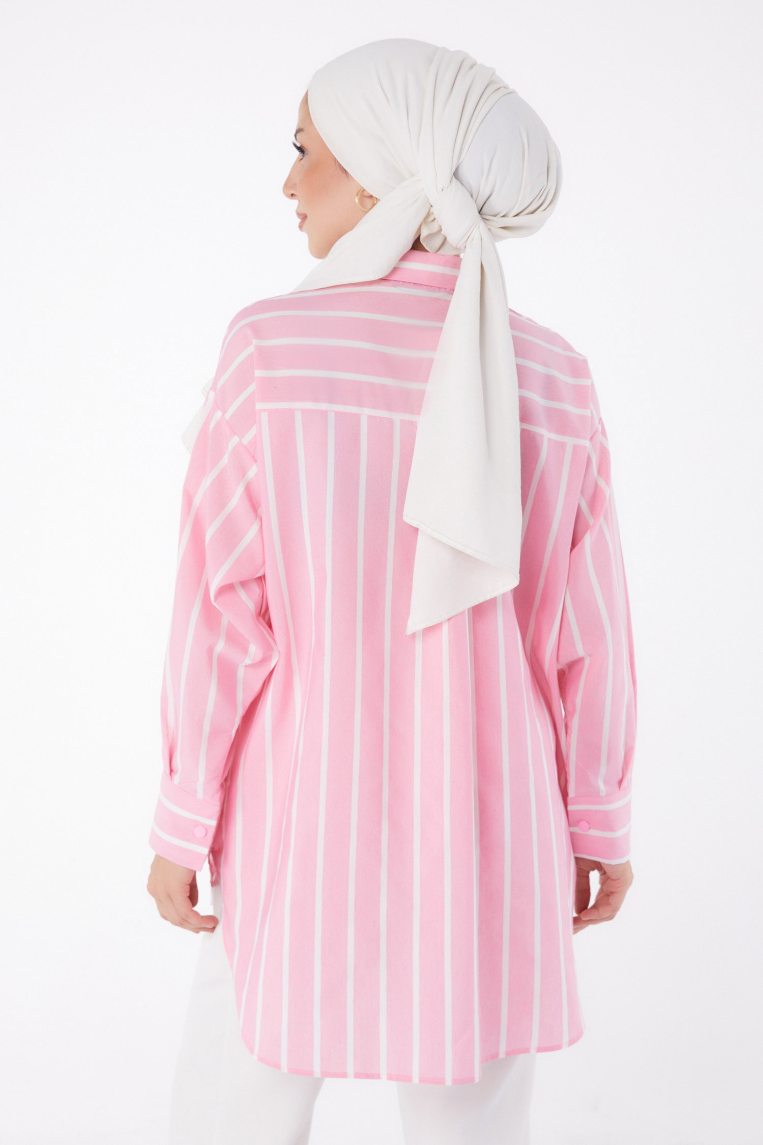 Düz Gömlek Yaka Kadın Pembe Tek Cepli Çizgili Tunik - 25996 - 5
