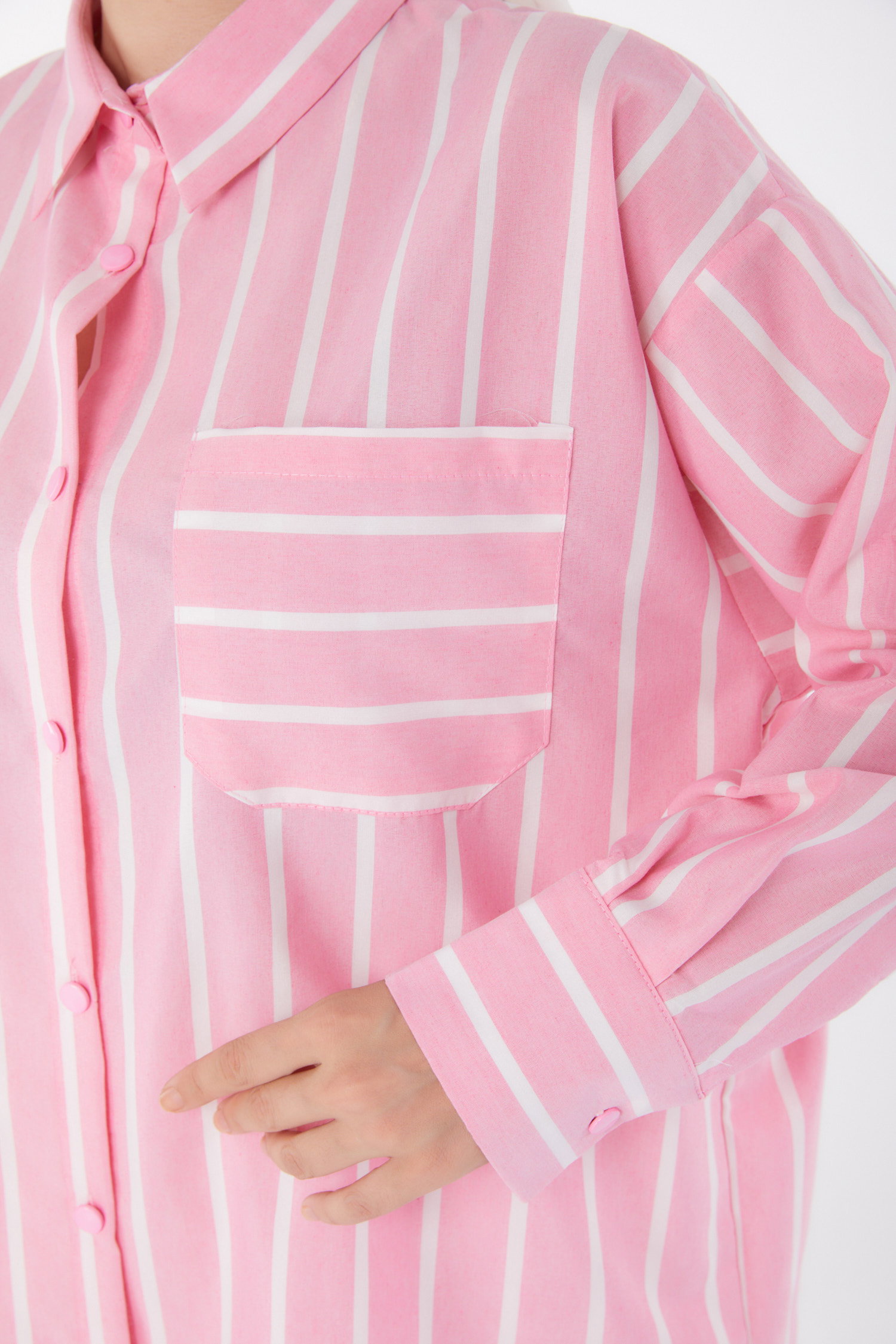 Düz Gömlek Yaka Kadın Pembe Tek Cepli Çizgili Tunik - 25996 - 6