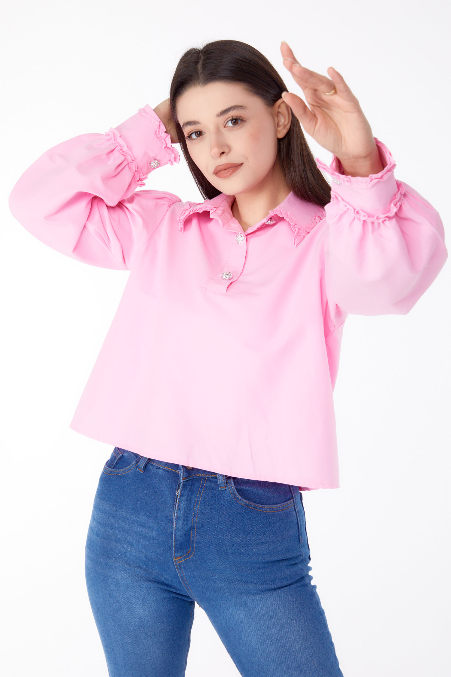 Düz Gömlek Yaka Kadın Pembe Yakası Fırfırlı Gömlek - 25690 - 1