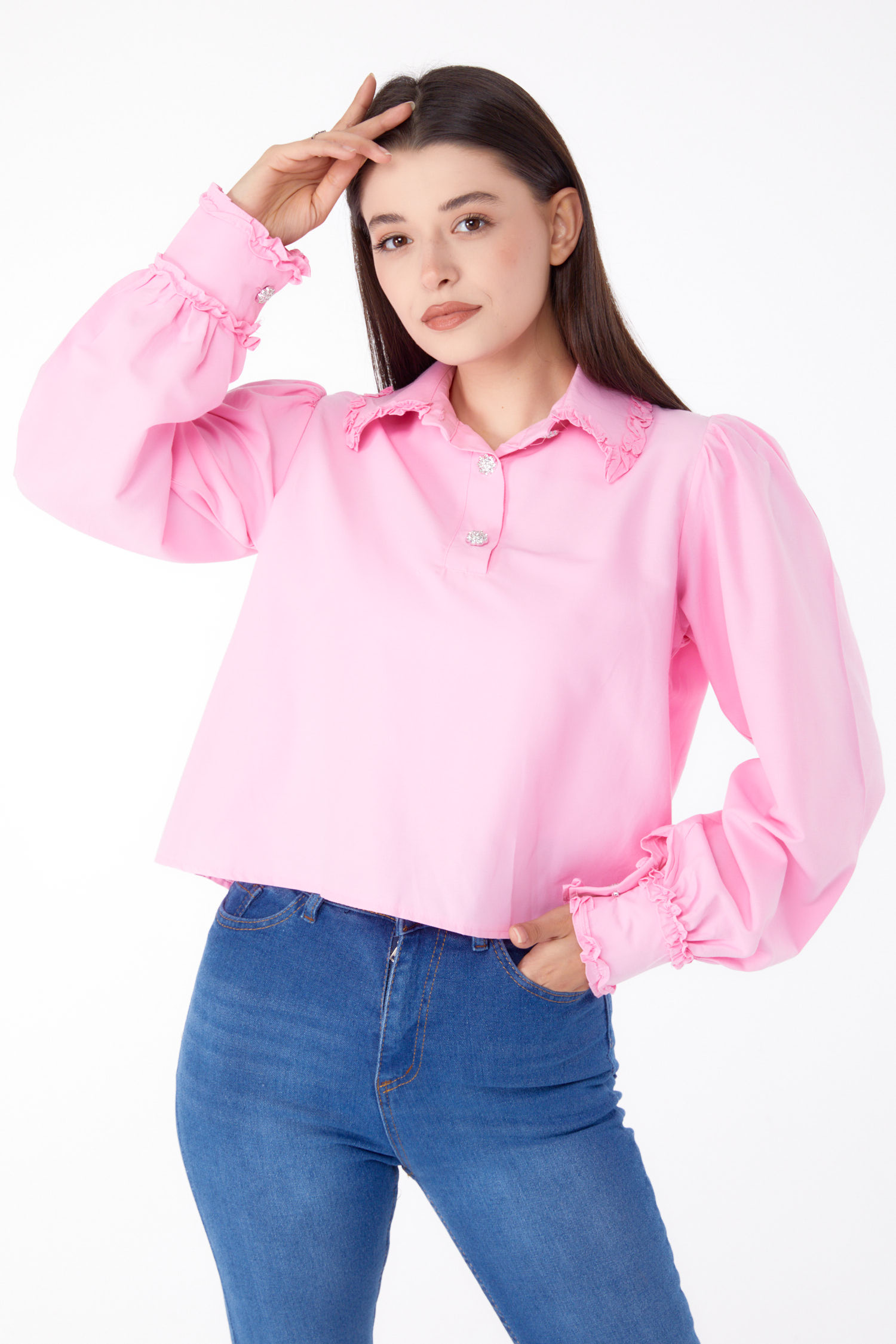 Düz Gömlek Yaka Kadın Pembe Yakası Fırfırlı Gömlek - 25690 - 2