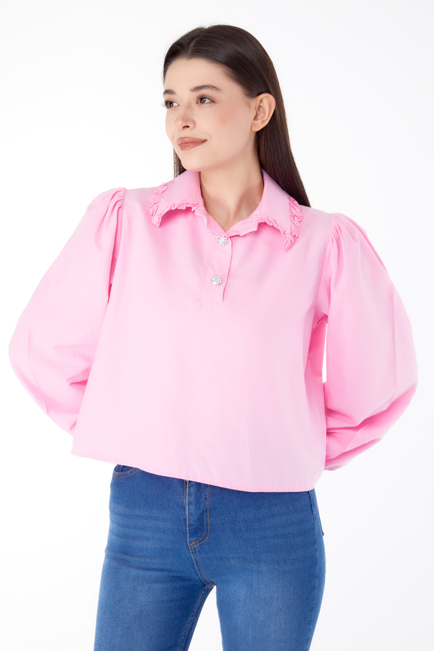Düz Gömlek Yaka Kadın Pembe Yakası Fırfırlı Gömlek - 25690 - 3