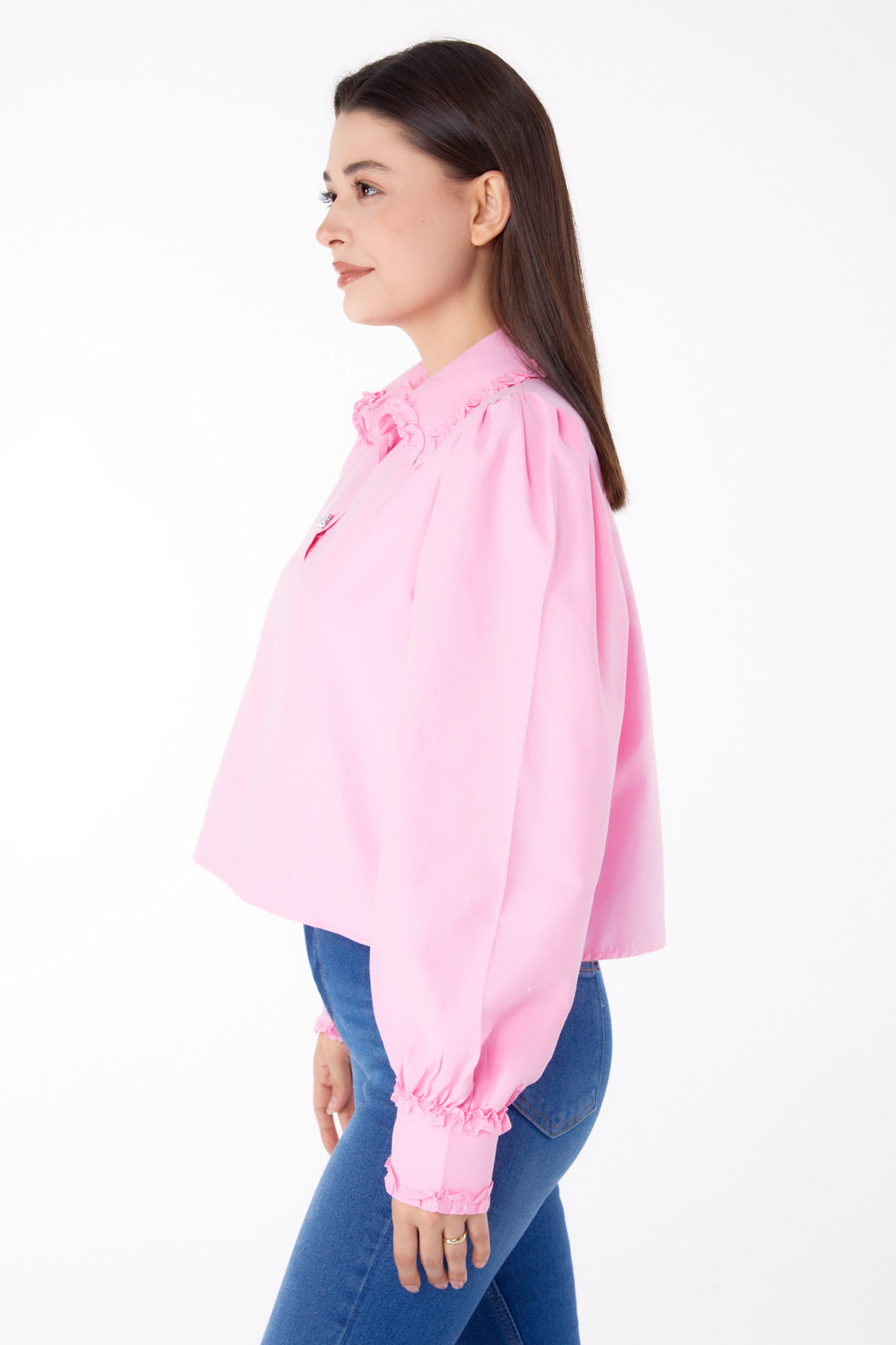 Düz Gömlek Yaka Kadın Pembe Yakası Fırfırlı Gömlek - 25690 - 4
