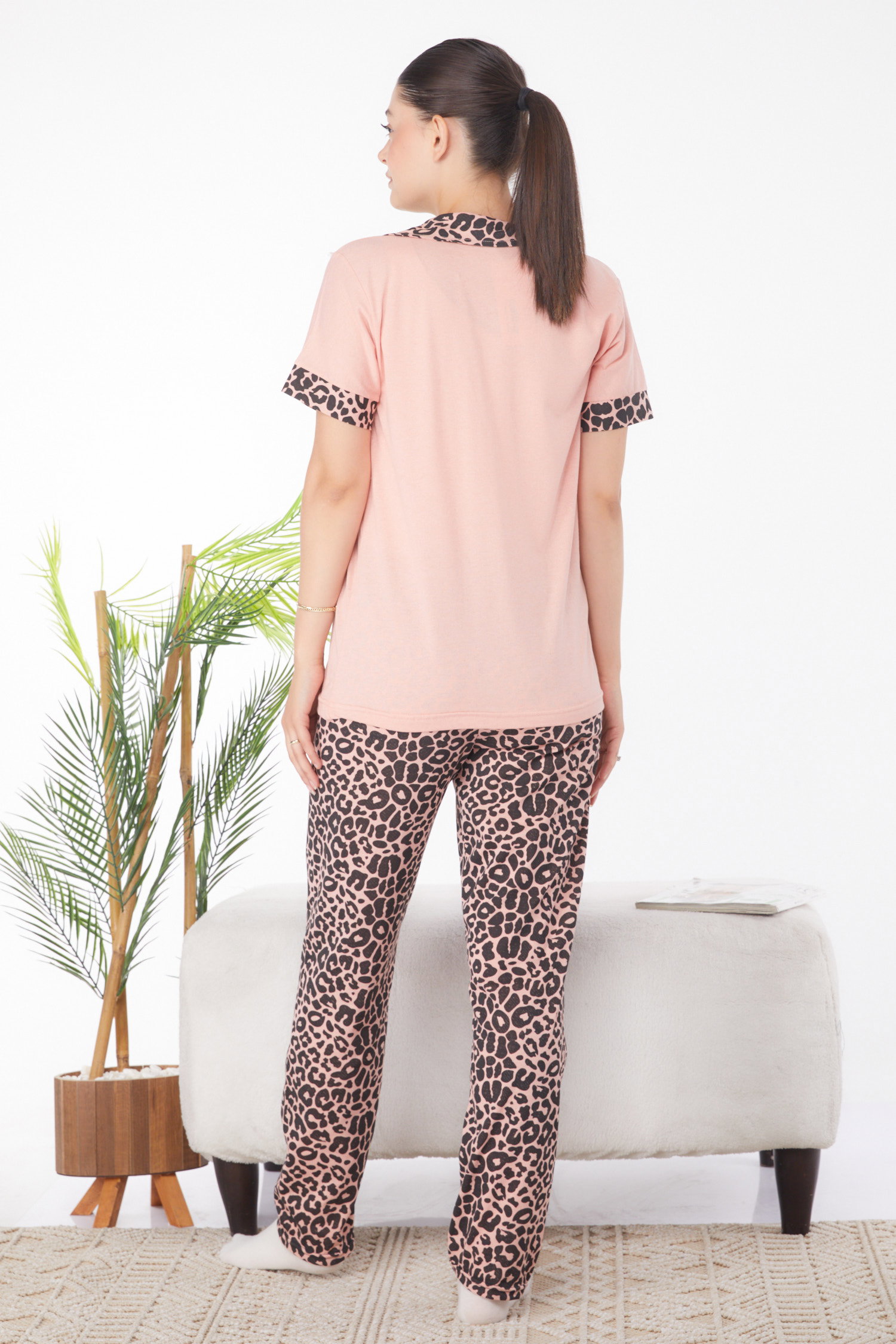 Düz Gömlek Yaka Kadın Pudra Desenli Pijama Takımı - 25948 - 5