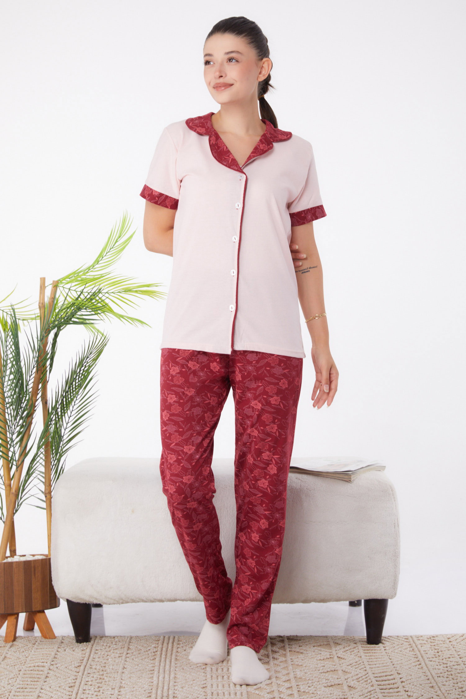 Düz Gömlek Yaka Kadın Pudra Desenli Pijama Takımı - 25967 - 1