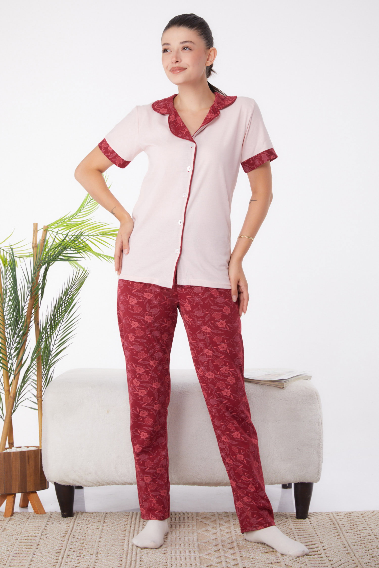 Düz Gömlek Yaka Kadın Pudra Desenli Pijama Takımı - 25967 - 2