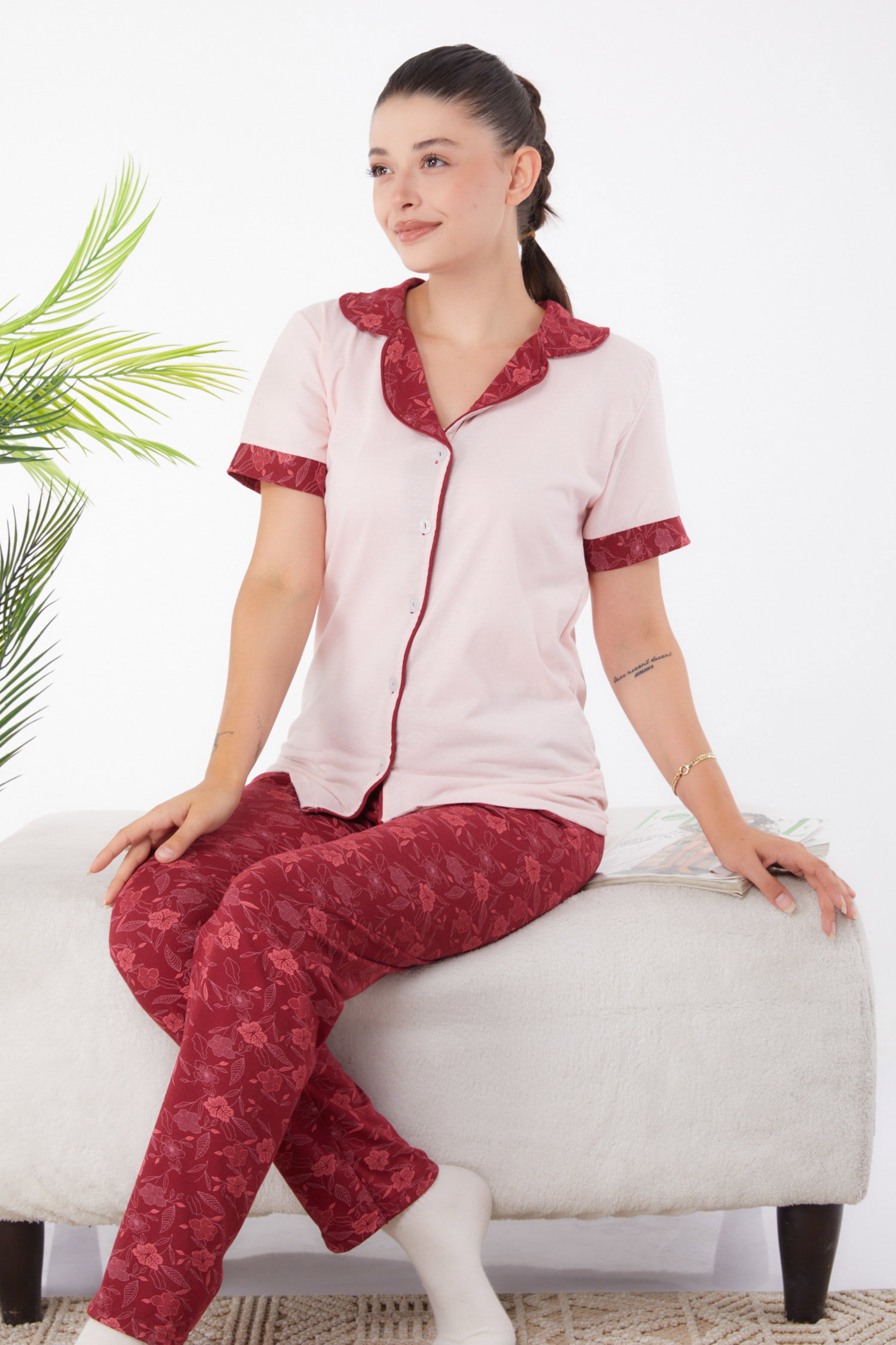 Düz Gömlek Yaka Kadın Pudra Desenli Pijama Takımı - 25967 - 3