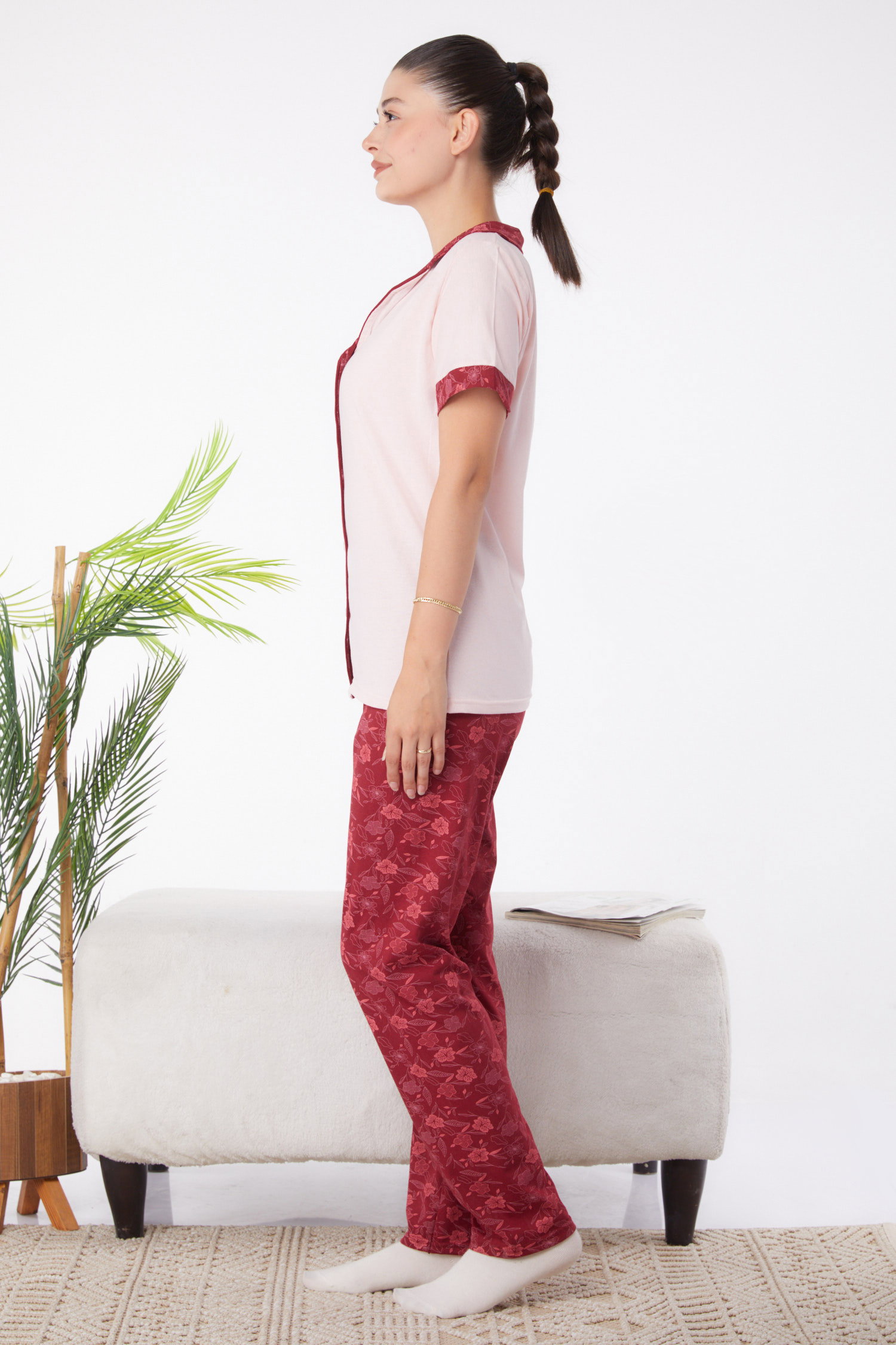 Düz Gömlek Yaka Kadın Pudra Desenli Pijama Takımı - 25967 - 4