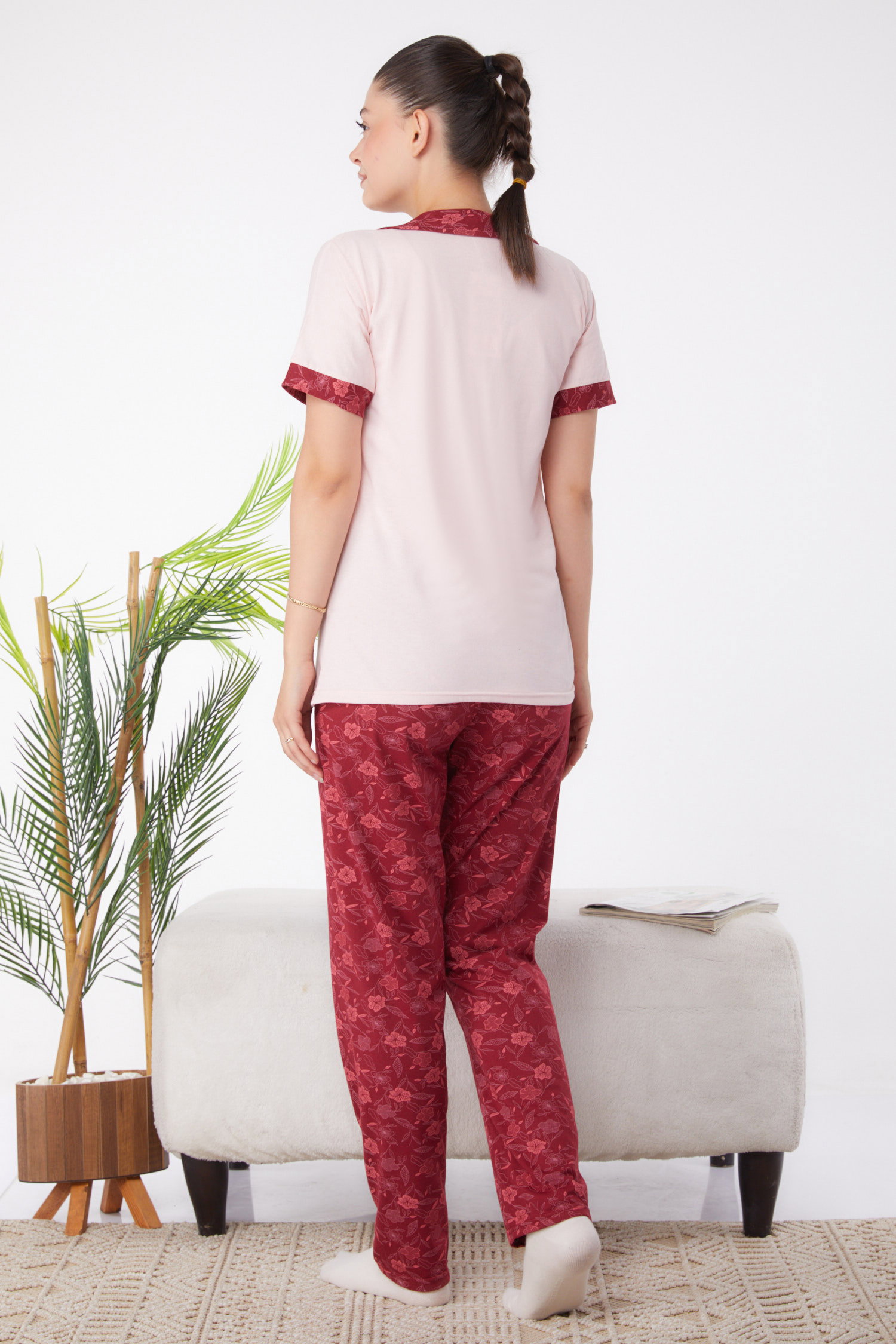 Düz Gömlek Yaka Kadın Pudra Desenli Pijama Takımı - 25967 - 5