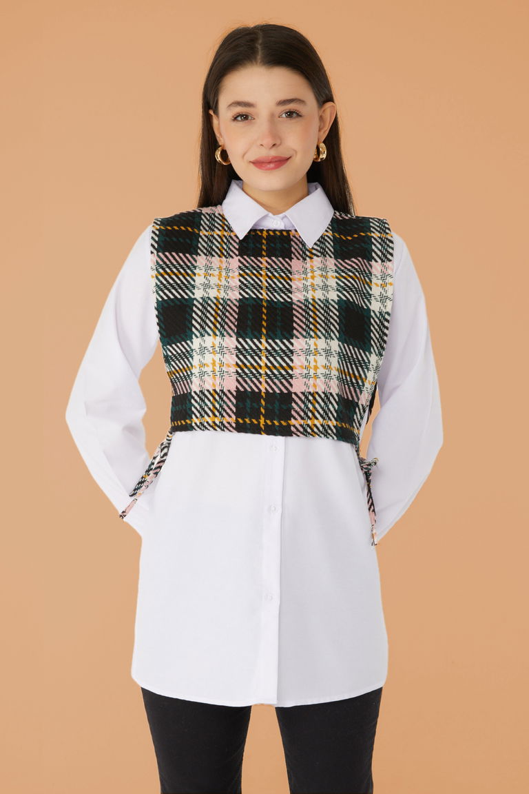 Düz Gömlek Yaka Kadın Pudra Gömlek Süveter İkili Takım - 13347 - TOFİSA