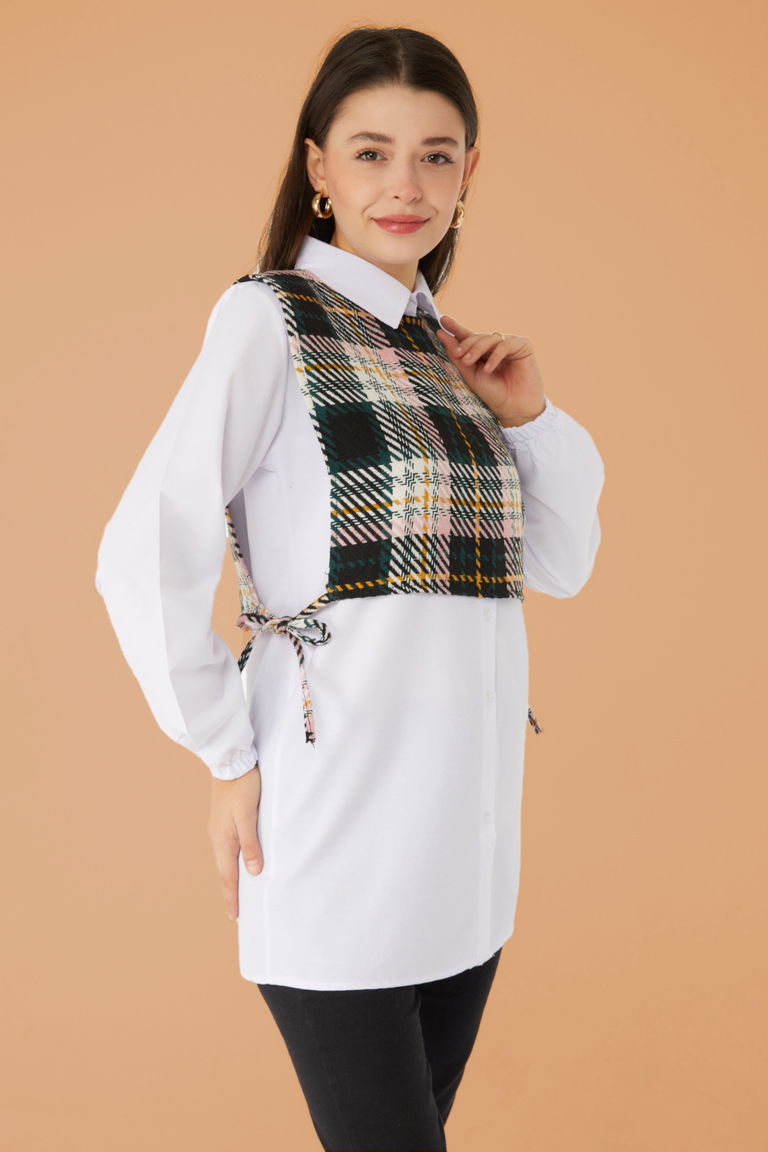 Düz Gömlek Yaka Kadın Pudra Gömlek Süveter İkili Takım - 13347 - TOFİSA