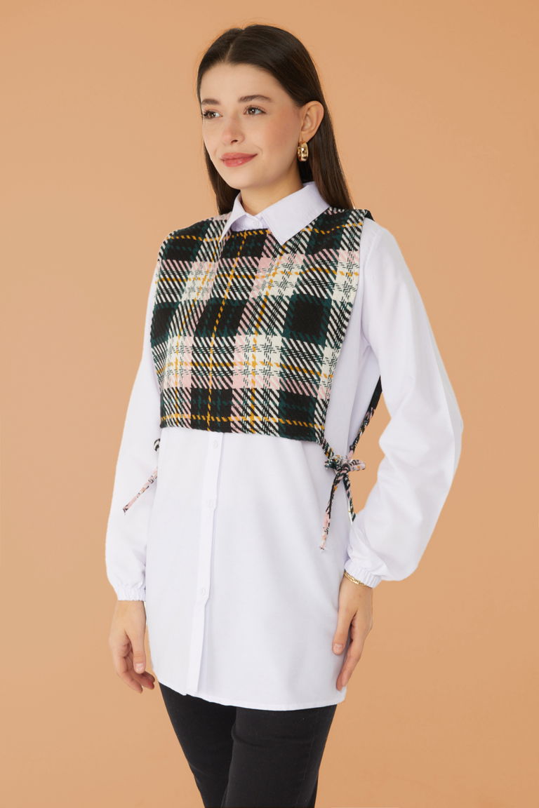 Düz Gömlek Yaka Kadın Pudra Gömlek Süveter İkili Takım - 13347 - TOFİSA