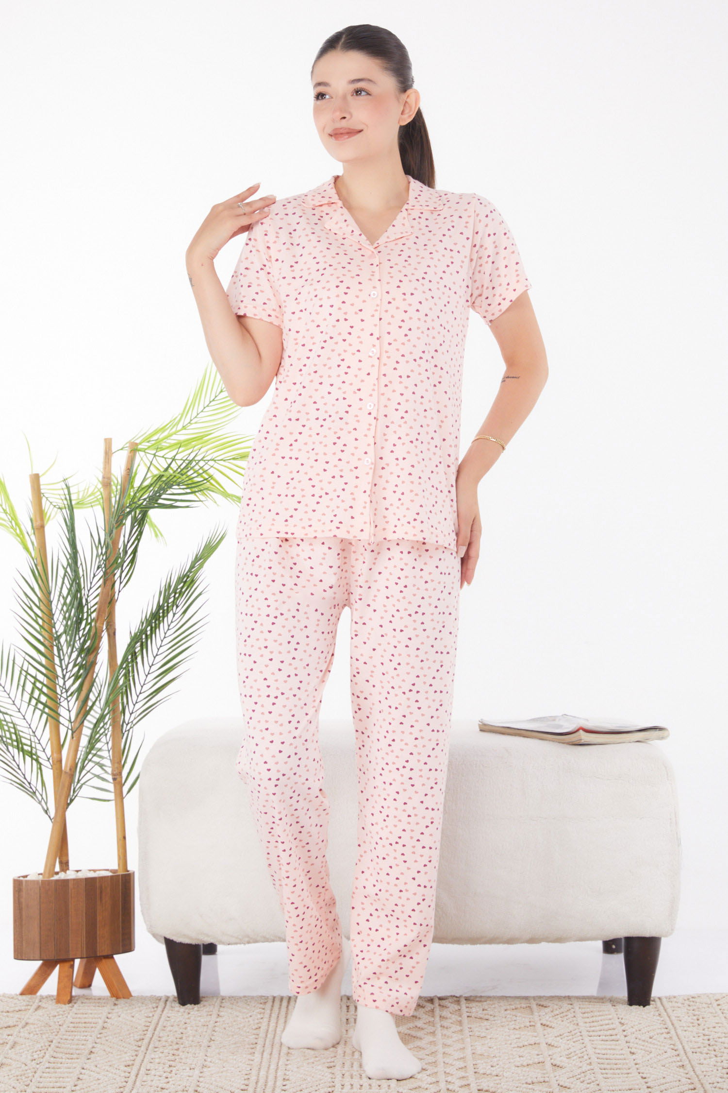 Kalp Desenli Pijama Takımı Pudra - 25904 - 1