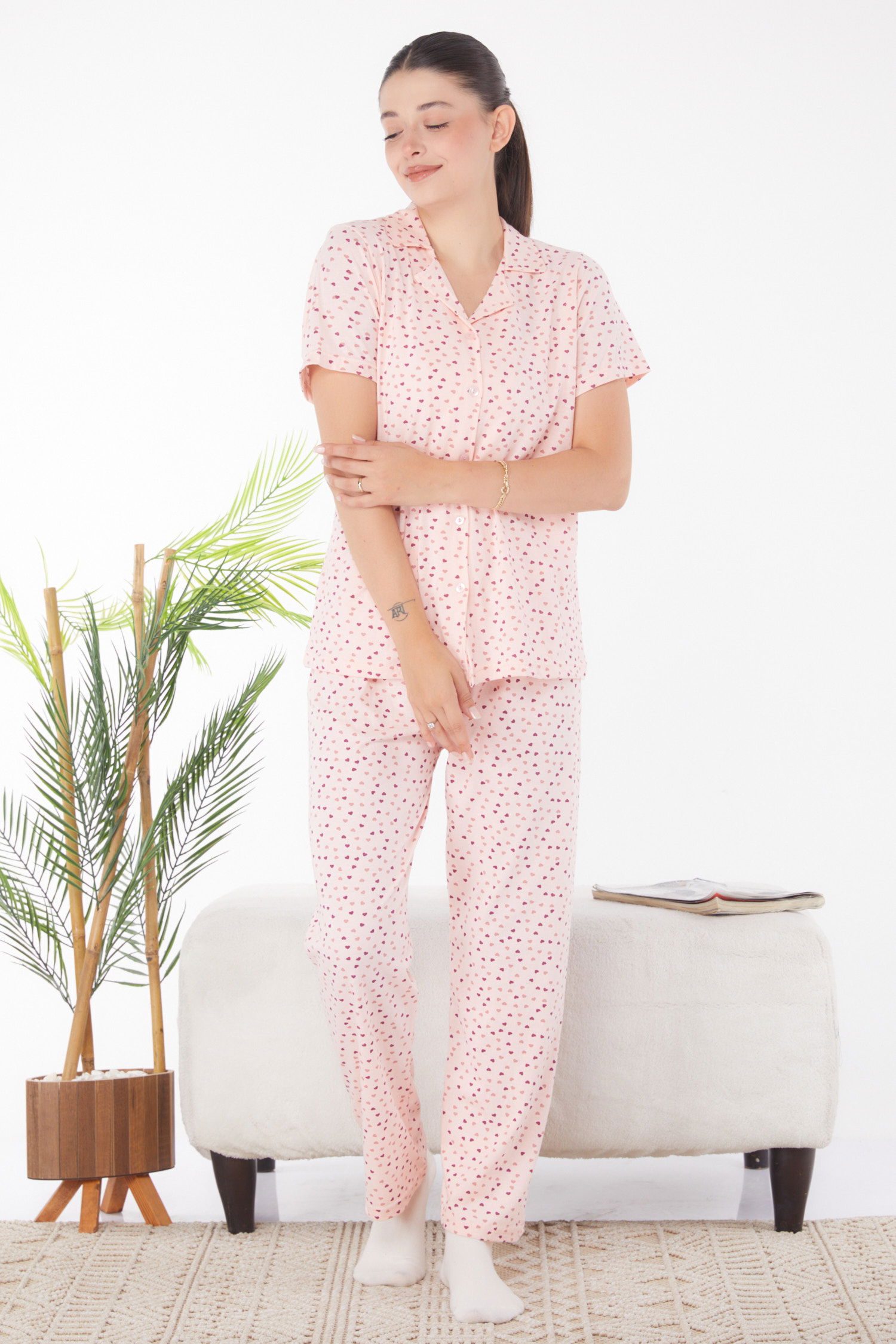 Kalp Desenli Pijama Takımı Pudra - 25904 - 2