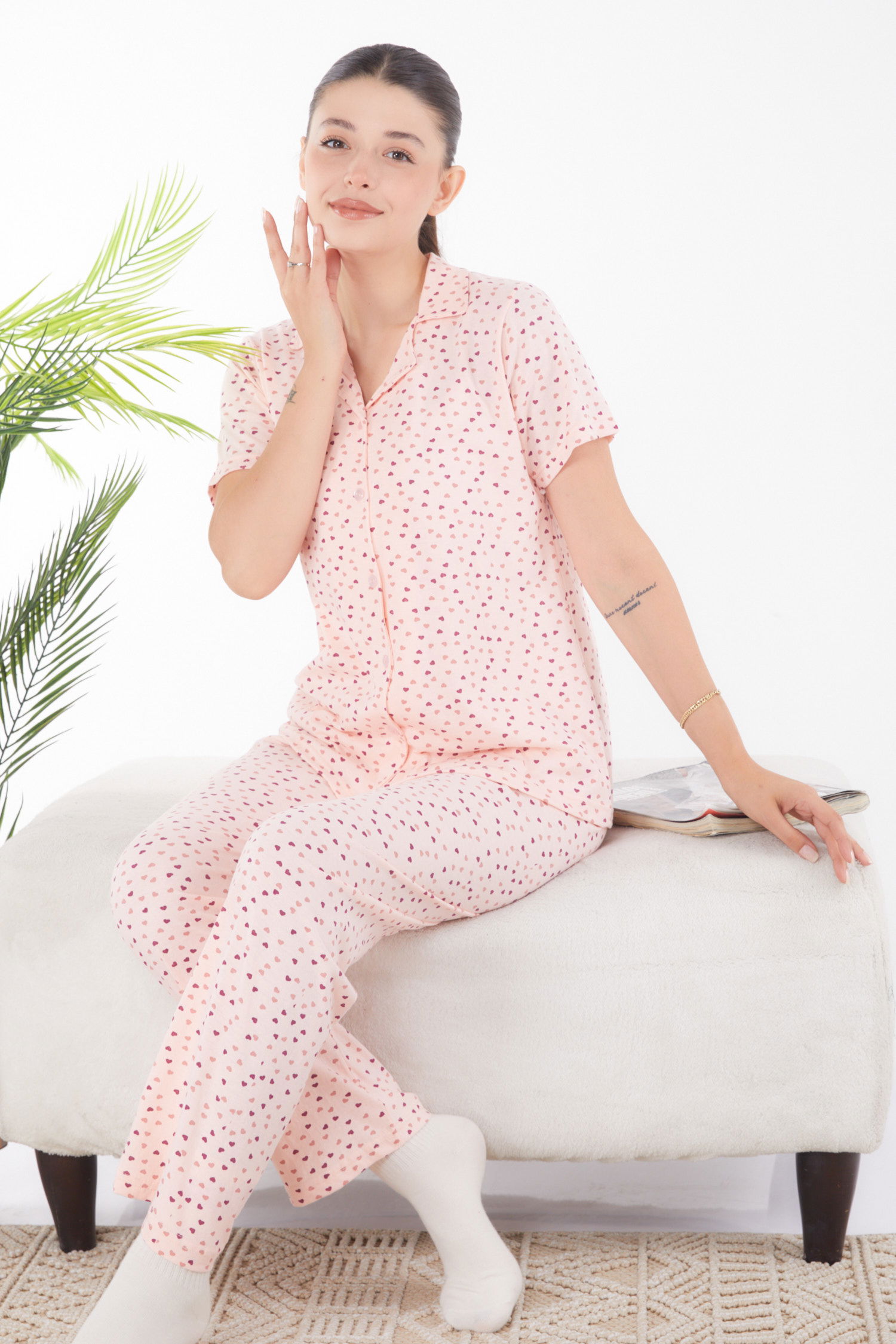 Kalp Desenli Pijama Takımı Pudra - 25904 - 3