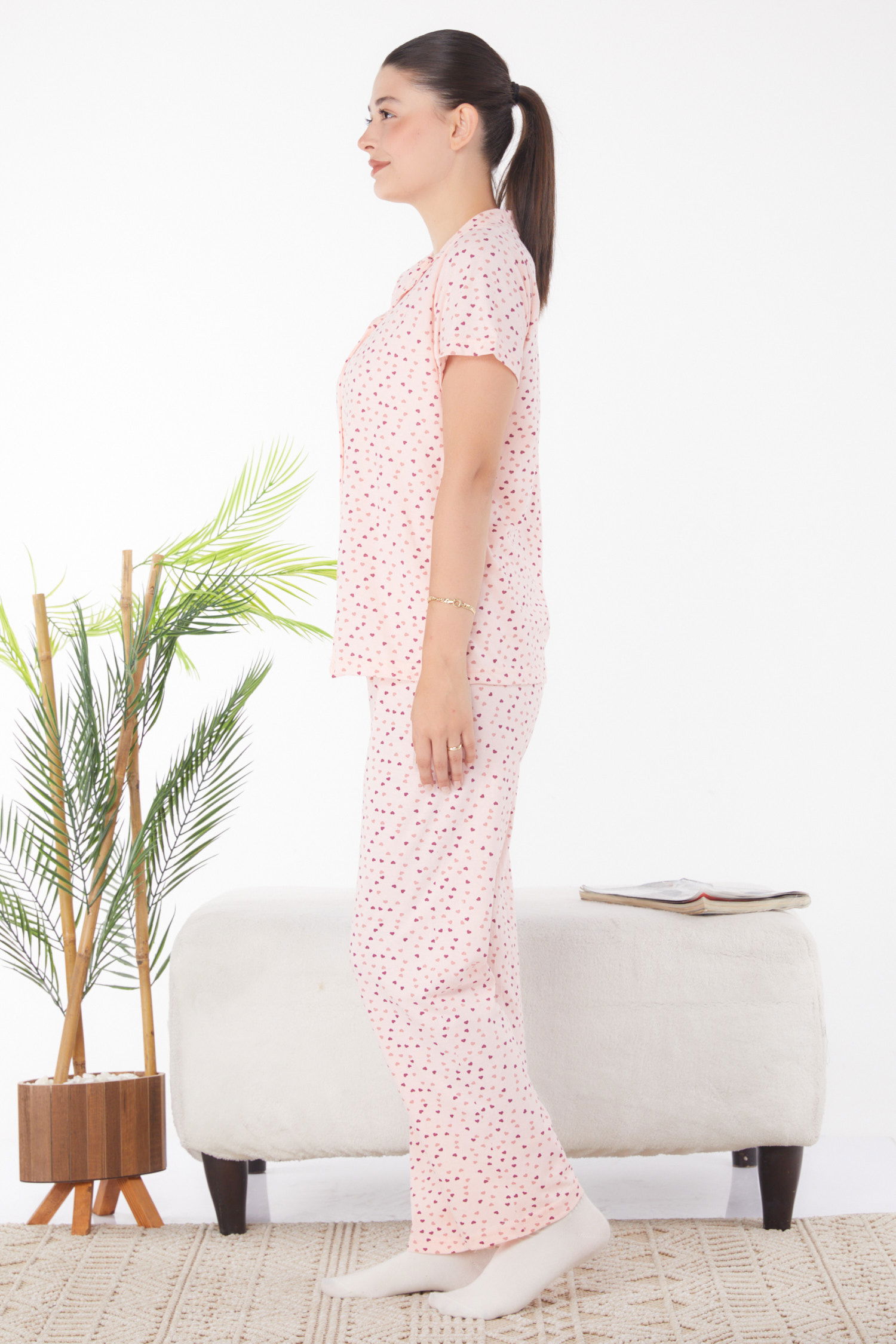 Kalp Desenli Pijama Takımı Pudra - 25904 - 4