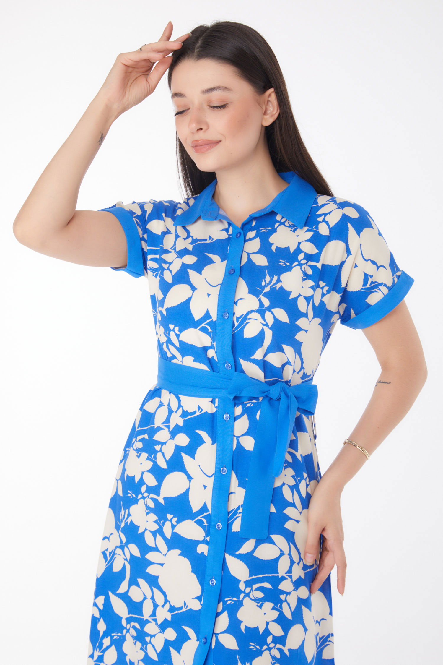 Düz Gömlek Yaka Kadın Saks Desenli Midi Elbise - 25788 - 3