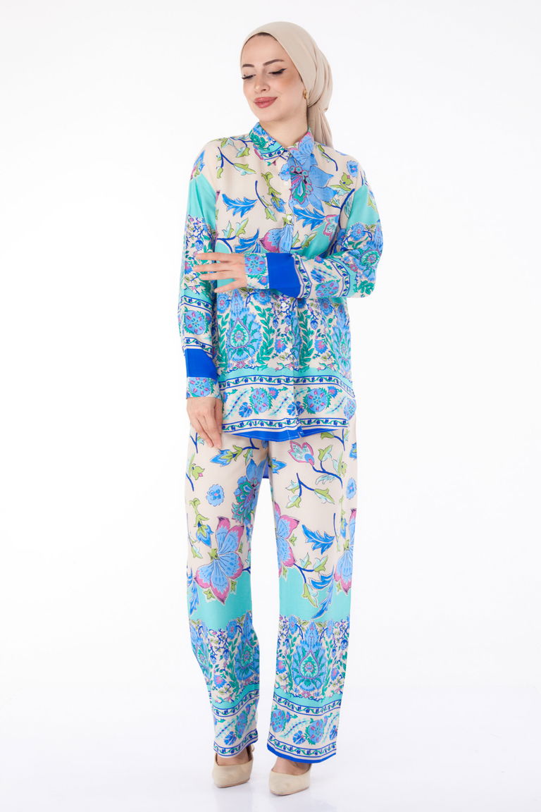 Düz Gömlek Yaka Kadın Saks Desenli Tunik Pantolon - 25604 - TOFİSA