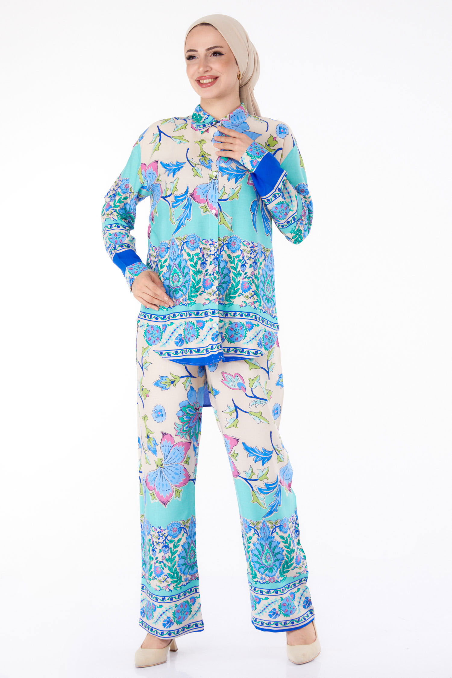 Düz Gömlek Yaka Kadın Saks Desenli Tunik Pantolon - 25604 - 2