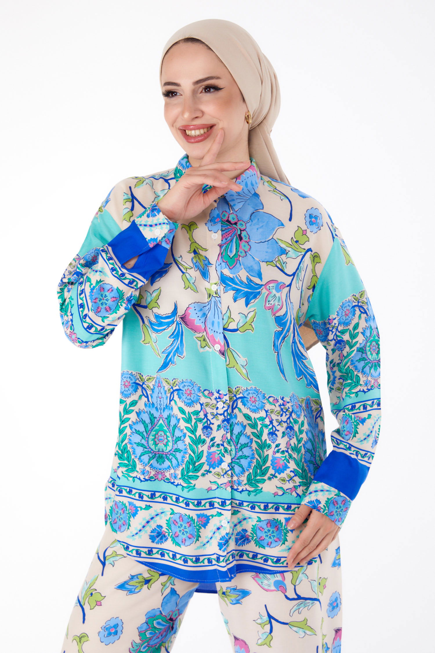 Düz Gömlek Yaka Kadın Saks Desenli Tunik Pantolon - 25604 - 3