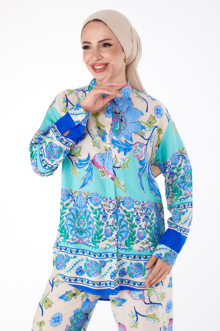 Düz Gömlek Yaka Kadın Saks Desenli Tunik Pantolon - 25604 - TOFİSA