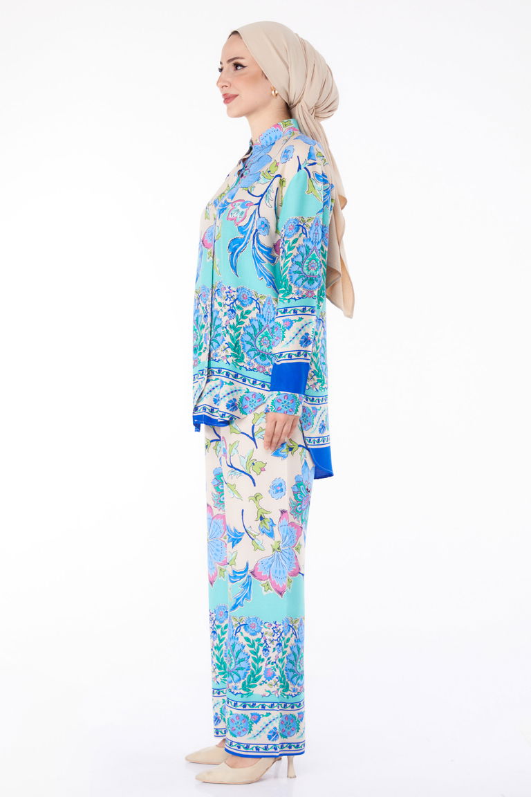 Düz Gömlek Yaka Kadın Saks Desenli Tunik Pantolon - 25604 - TOFİSA