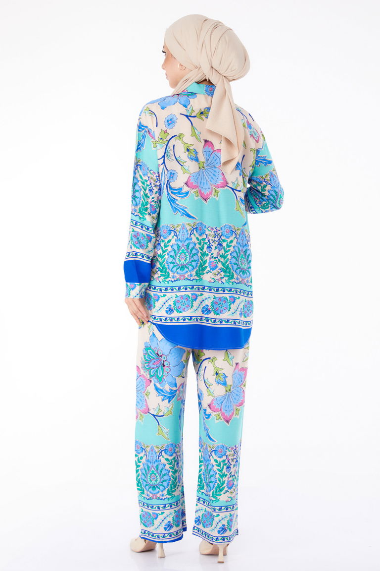 Düz Gömlek Yaka Kadın Saks Desenli Tunik Pantolon - 25604 - TOFİSA