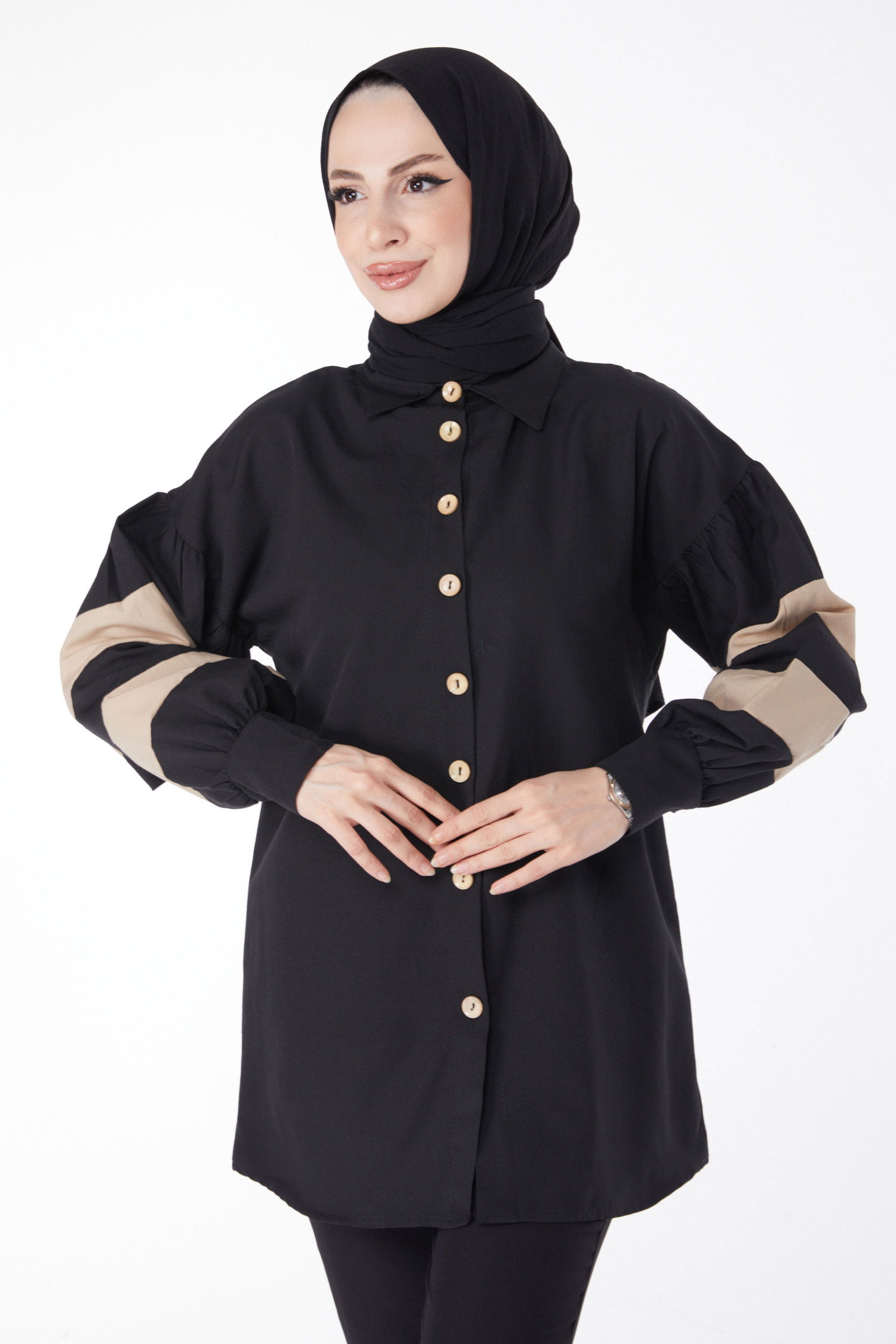 Balon Kollu Garnili Tunik Siyah - 13158 - 2