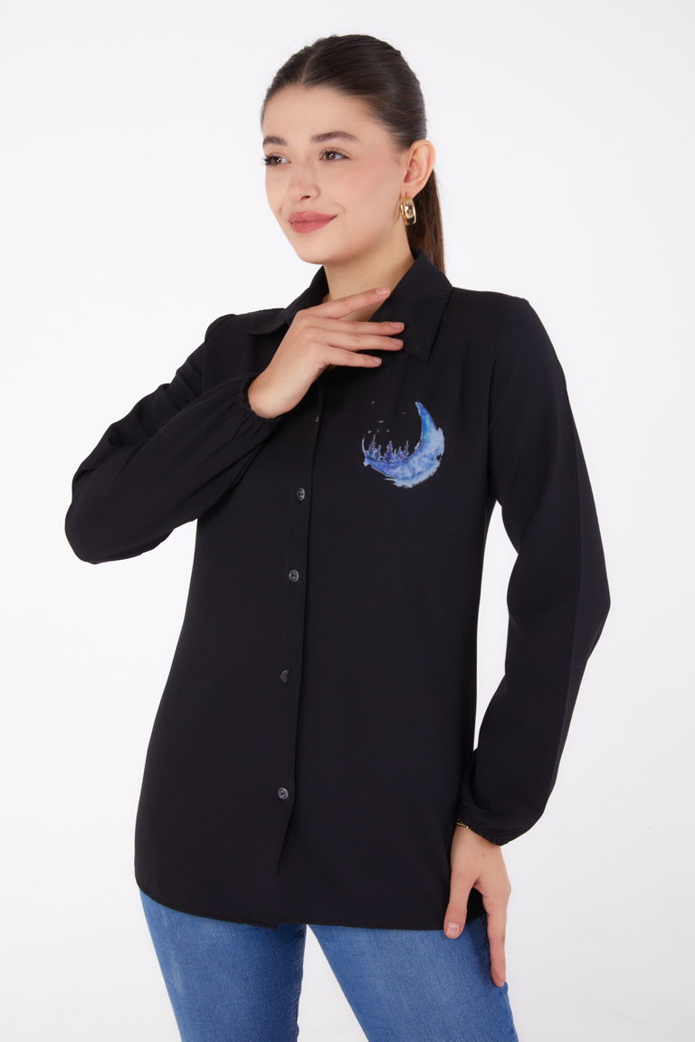 Düz Gömlek Yaka Kadın Siyah Baskılı Gömlek - 13339 - TOFİSA