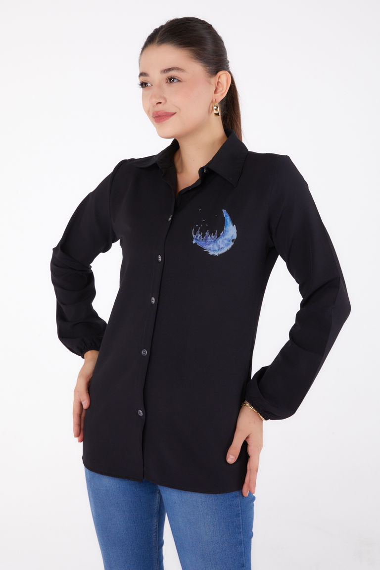 Düz Gömlek Yaka Kadın Siyah Baskılı Gömlek - 13339 - TOFİSA