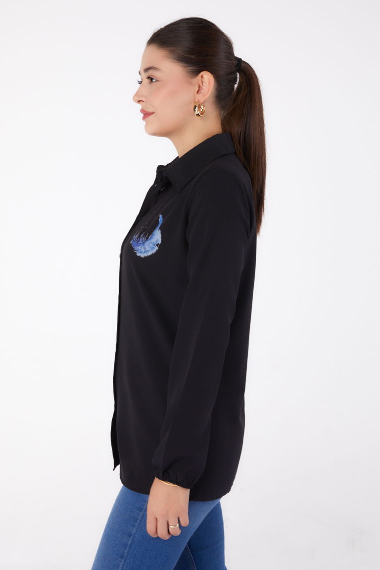 Düz Gömlek Yaka Kadın Siyah Baskılı Gömlek - 13339 - TOFİSA