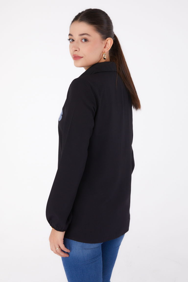 Düz Gömlek Yaka Kadın Siyah Baskılı Gömlek - 13339 - TOFİSA