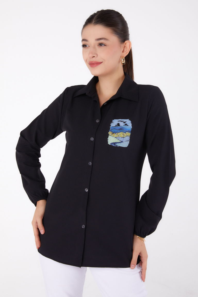 Baskılı Gömlek Siyah - 13340 - TOFİSA