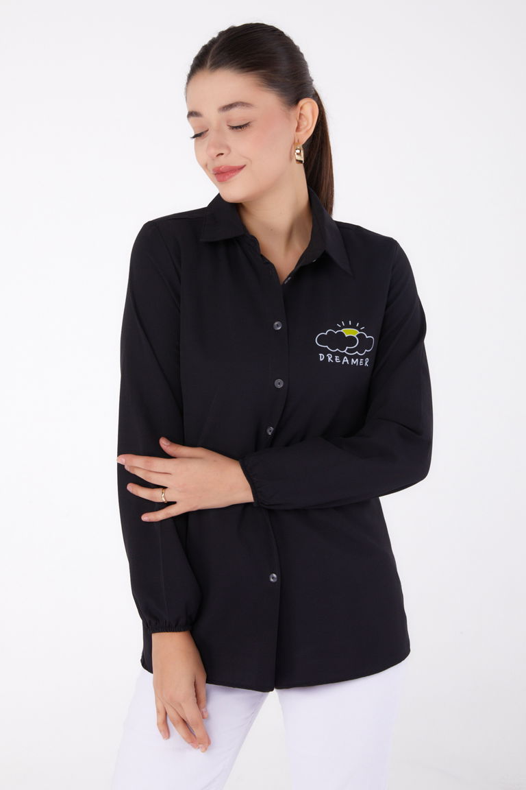 Düz Gömlek Yaka Kadın Siyah Baskılı Gömlek - 13342 - TOFİSA