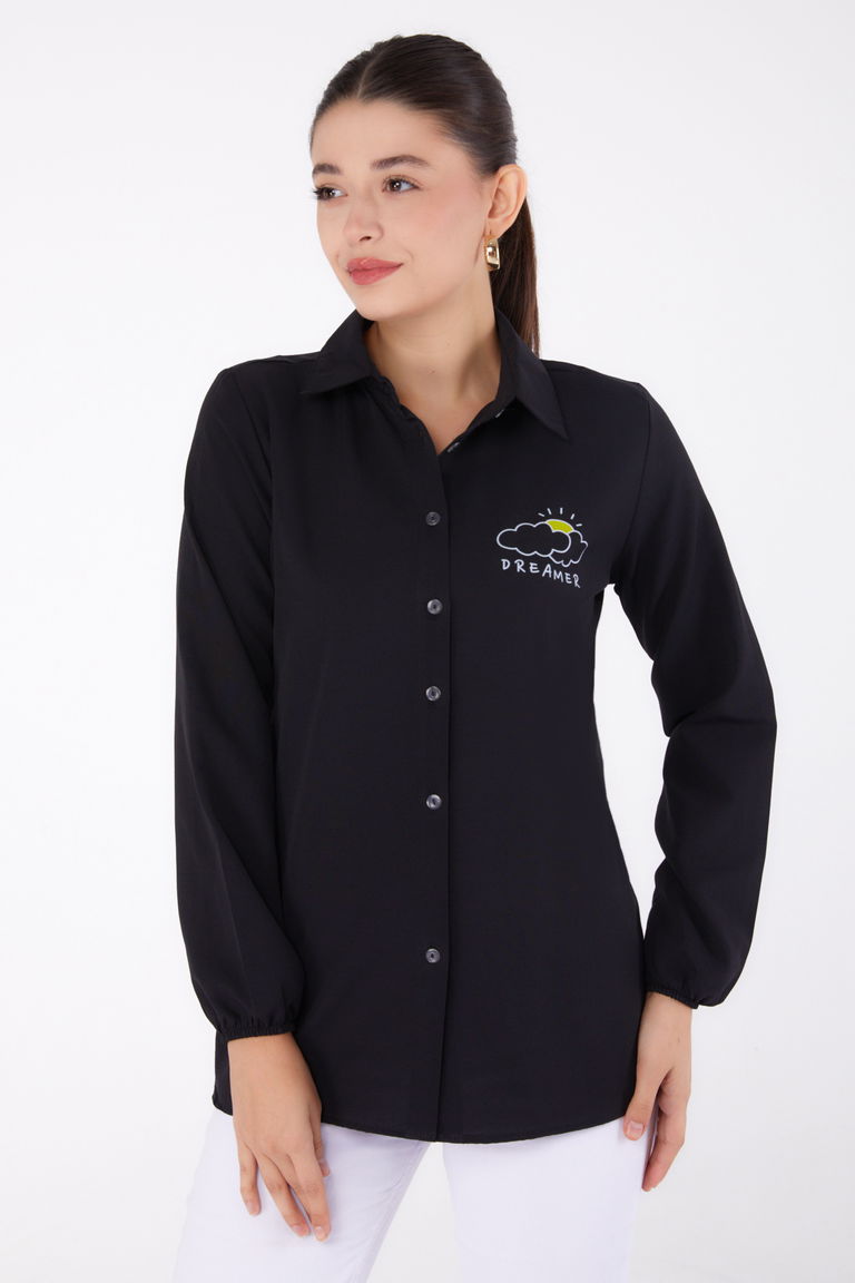 Düz Gömlek Yaka Kadın Siyah Baskılı Gömlek - 13342 - TOFİSA