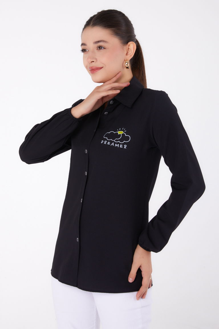 Düz Gömlek Yaka Kadın Siyah Baskılı Gömlek - 13342 - TOFİSA