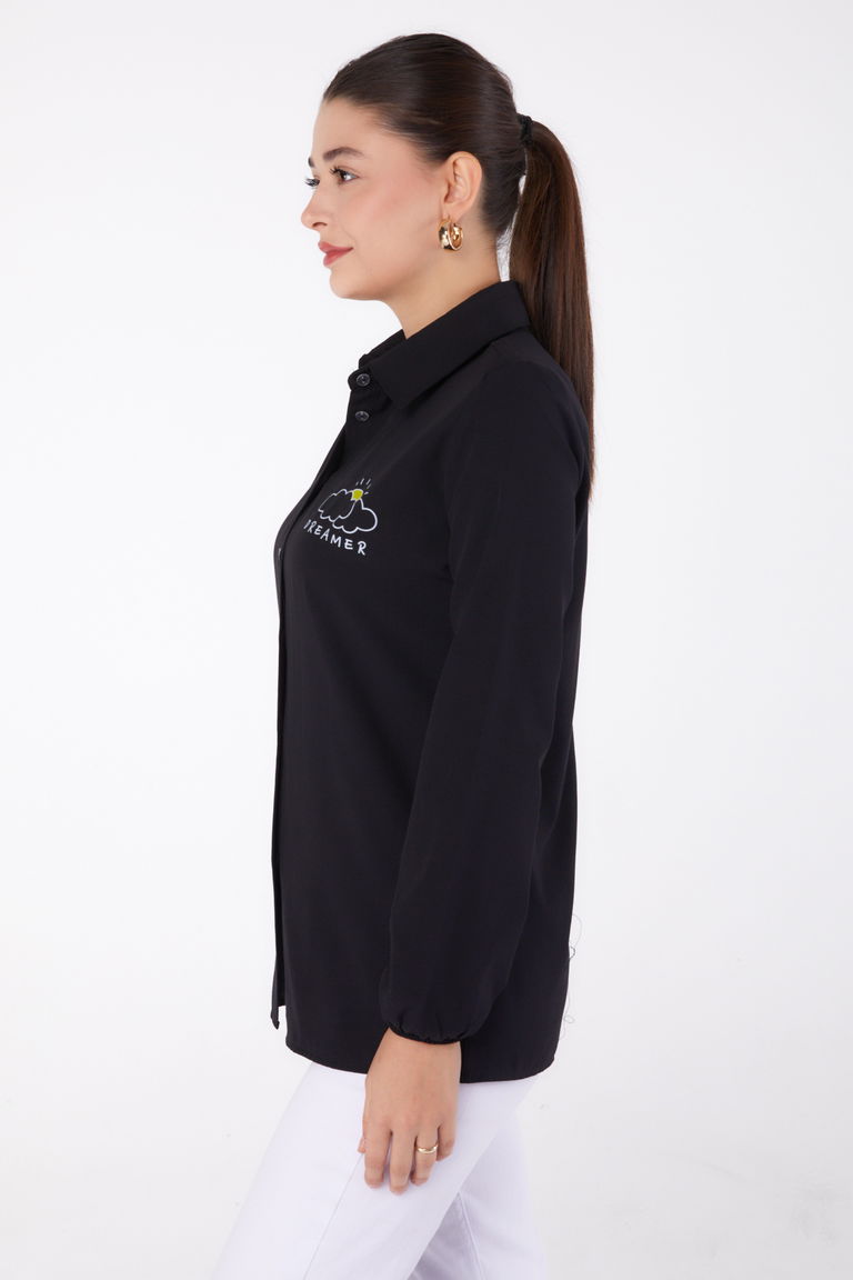 Düz Gömlek Yaka Kadın Siyah Baskılı Gömlek - 13342 - TOFİSA