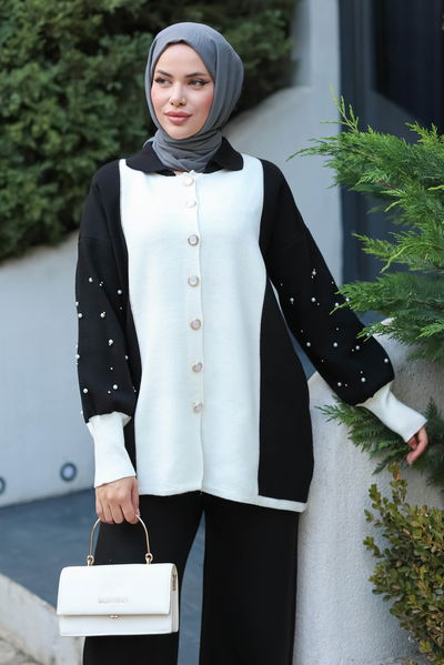 Düz Gömlek Yaka Kadın Siyah Boncuklu Triko Takım - 26417 