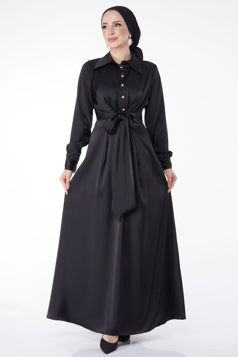 Çapraz Kemer Detaylı Abiye Elbise Siyah - 25211 - TOFİSA