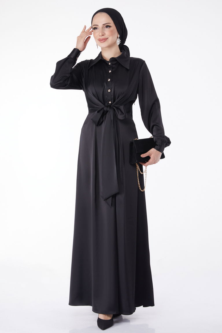 Çapraz Kemer Detaylı Abiye Elbise Siyah - 25211 - TOFİSA