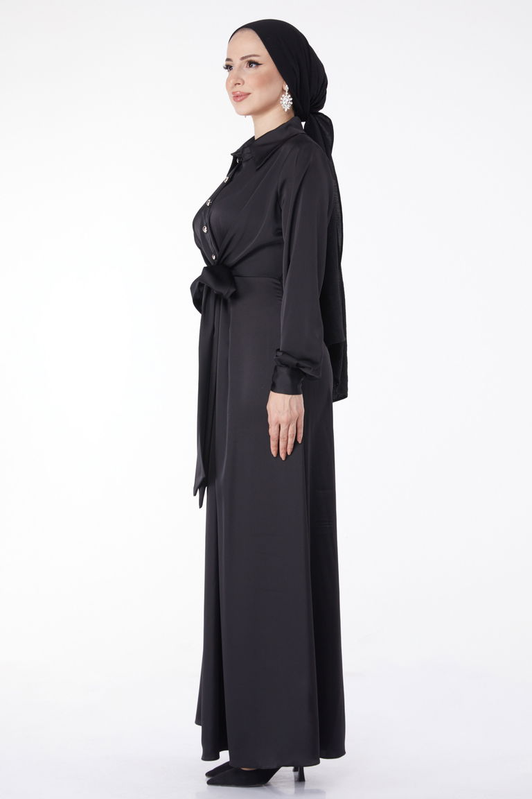 Çapraz Kemer Detaylı Abiye Elbise Siyah - 25211 - TOFİSA