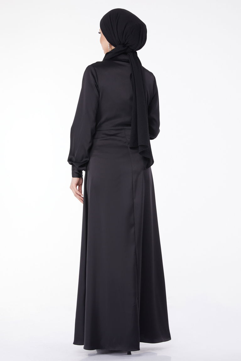 Çapraz Kemer Detaylı Abiye Elbise Siyah - 25211 - TOFİSA