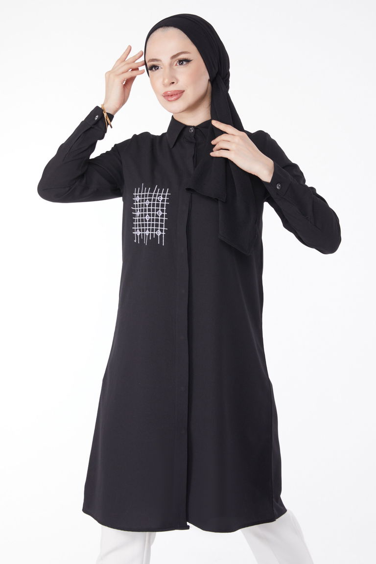 Cep Nakış Detaylı Tunik Siyah - 13123 - TOFİSA
