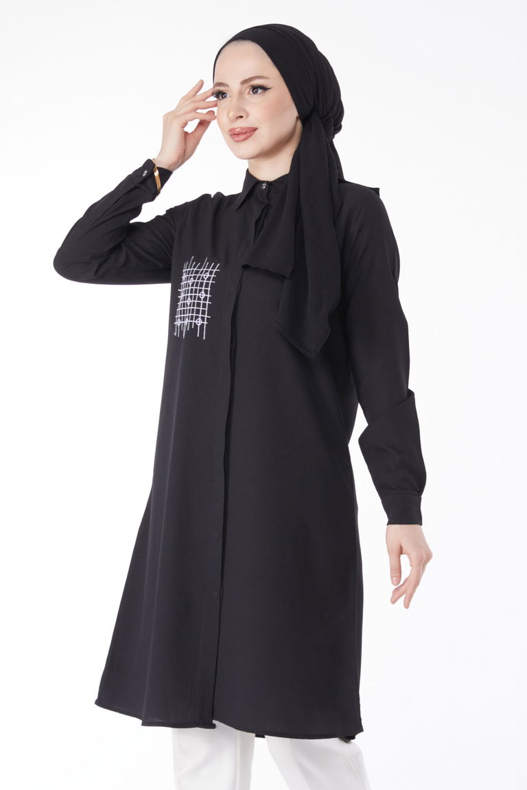 Cep Nakış Detaylı Tunik Siyah - 13123 - TOFİSA