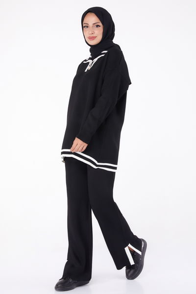 Düz Gömlek Yaka Kadın Siyah Çizgi Detaylı Triko Takım - 26301 
