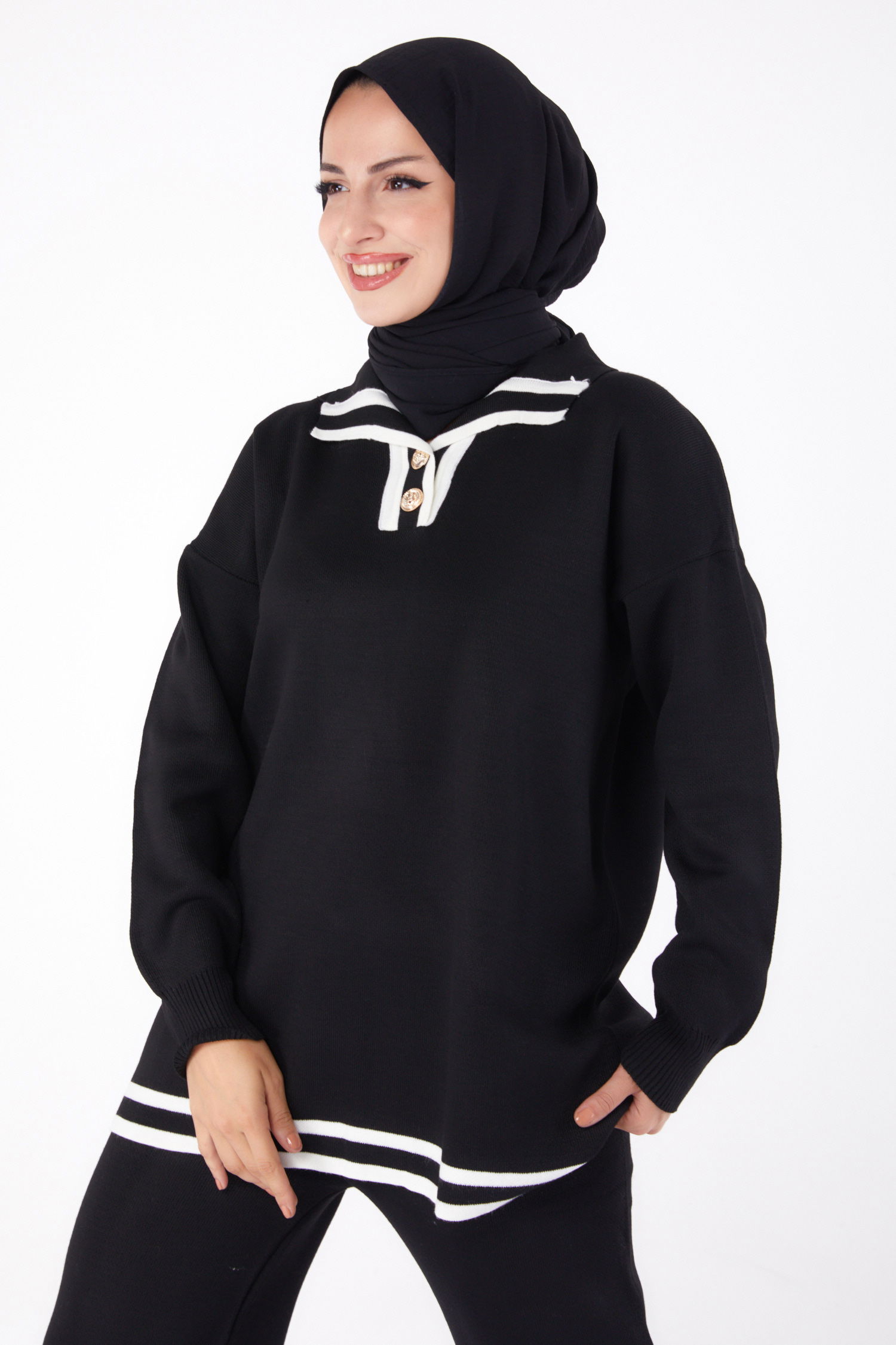 Düz Gömlek Yaka Kadın Siyah Çizgi Detaylı Triko Takım - 26301 - 3